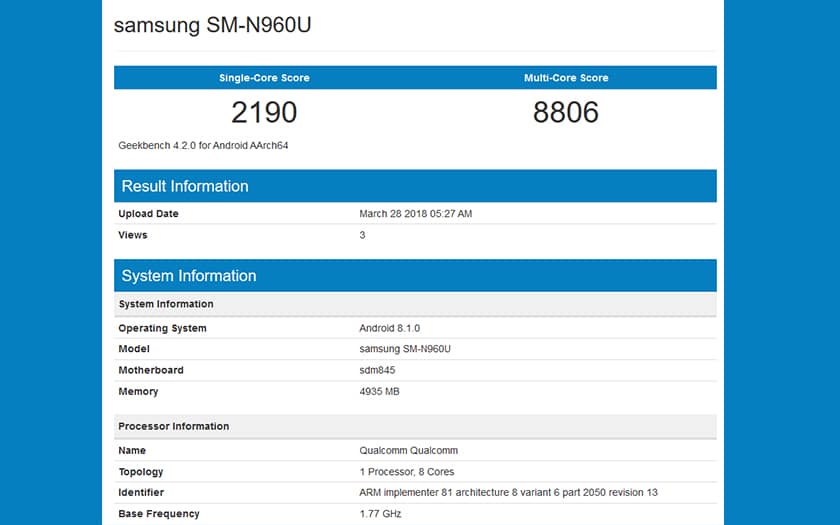 Samsung Galaxy Note 9 Geekbench