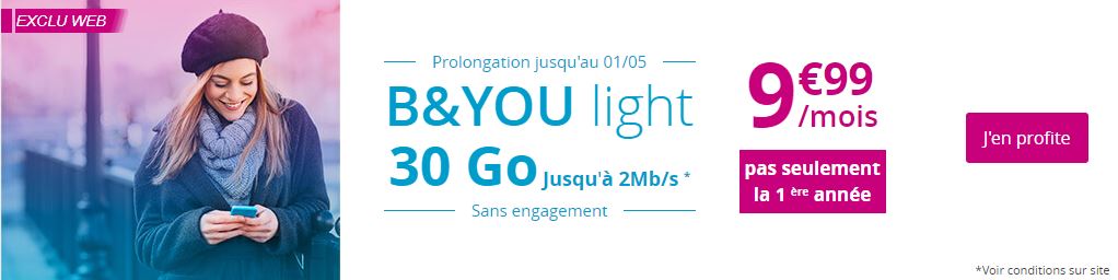 Bon plan : le forfait B&YOU Light 30 Go à 9.99 euros a été prolongé !