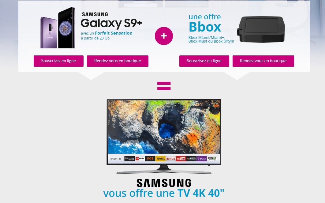 Bouygues Telecom : une Tv 4K offerte pour le forfait 20 Go + Samsung Galaxy S9 + Bbox !