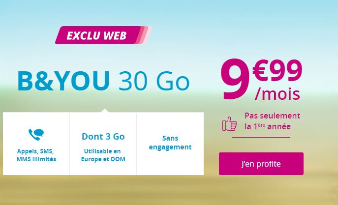 Bouygues Telecom prolonge le forfait B&YOU 30 Go à 9.99 euros